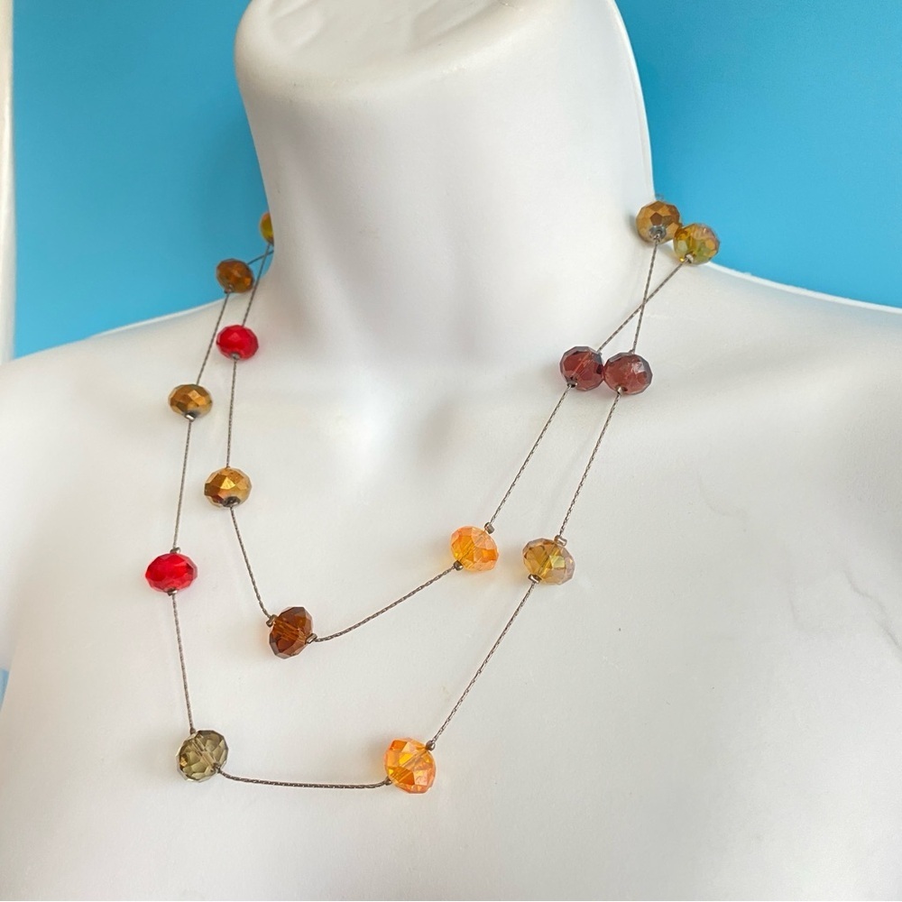 Glass Beads Long Necklace Gunmetal Chain Red Orange Fasceted Shiny